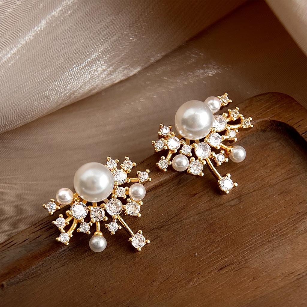 

925 Silver Zircon Pearl Firework Earrings - Light Luxury, High-End, Versatile Niche Design