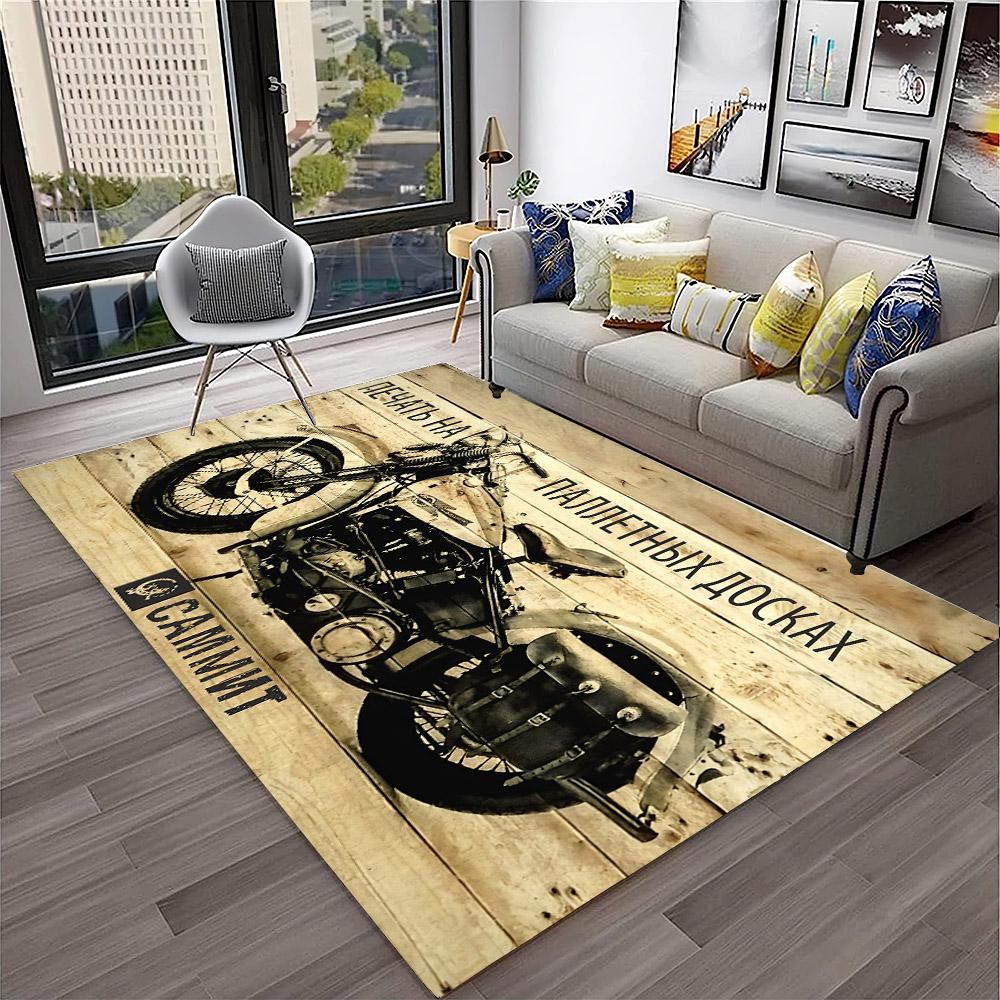 3D Retro Motorrad Vintage Teppich für Zuhause Wohnzimmer Schlafzimmer Spielzimmer Sofa Fußmatte Dekor, Kinderteppich Rutschfeste Bodenmatte