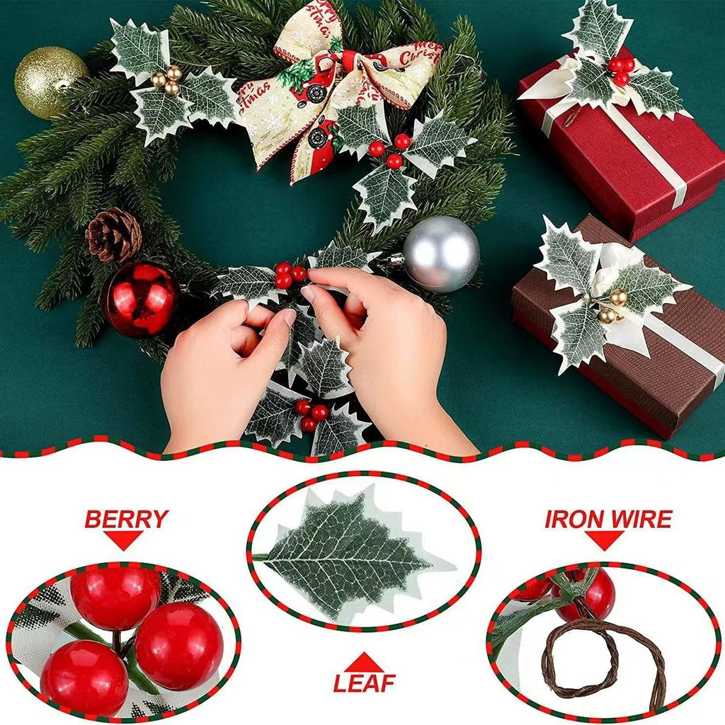 50/10Pcs Artificial Holly Berries With Green Leaves DIY Christmas Wreath Wedding Flower Gifts Xmas New Year Festival Decorations