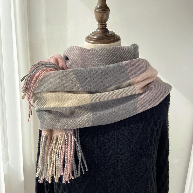Large Plaid Scarf Women's Autumn and Winter New Imitation Cashmere Shawl Retro Fringed Couple Scarf