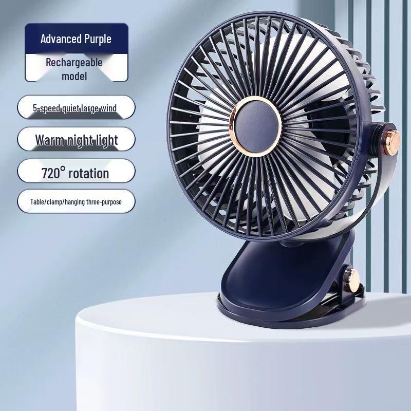 Portable Rechargeable Silent Night Light Mini Clip-on Fan for Desk, Dorm, Stroller, or Bed