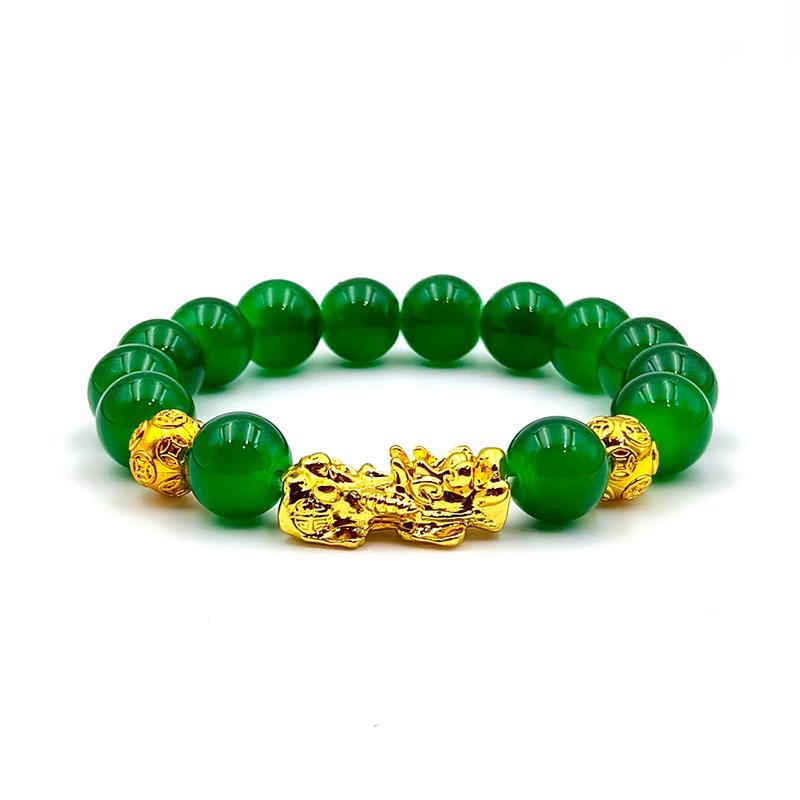 Green Agate Pixiu Wealth Attraction Bracelet - Round Beads Sand Gold Design, Best-Selling Jewelry with Single Circle.