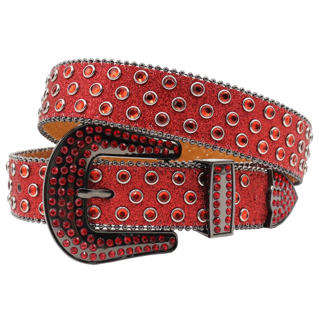 Y2K Punk Rhinestone Sequin Hip Hop Pin Buckle Leather Belt for Women