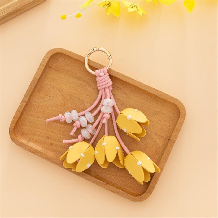 Artistic Tulips Themed Key Accessory Crafted From Leather With Elegant Bead Embellishment