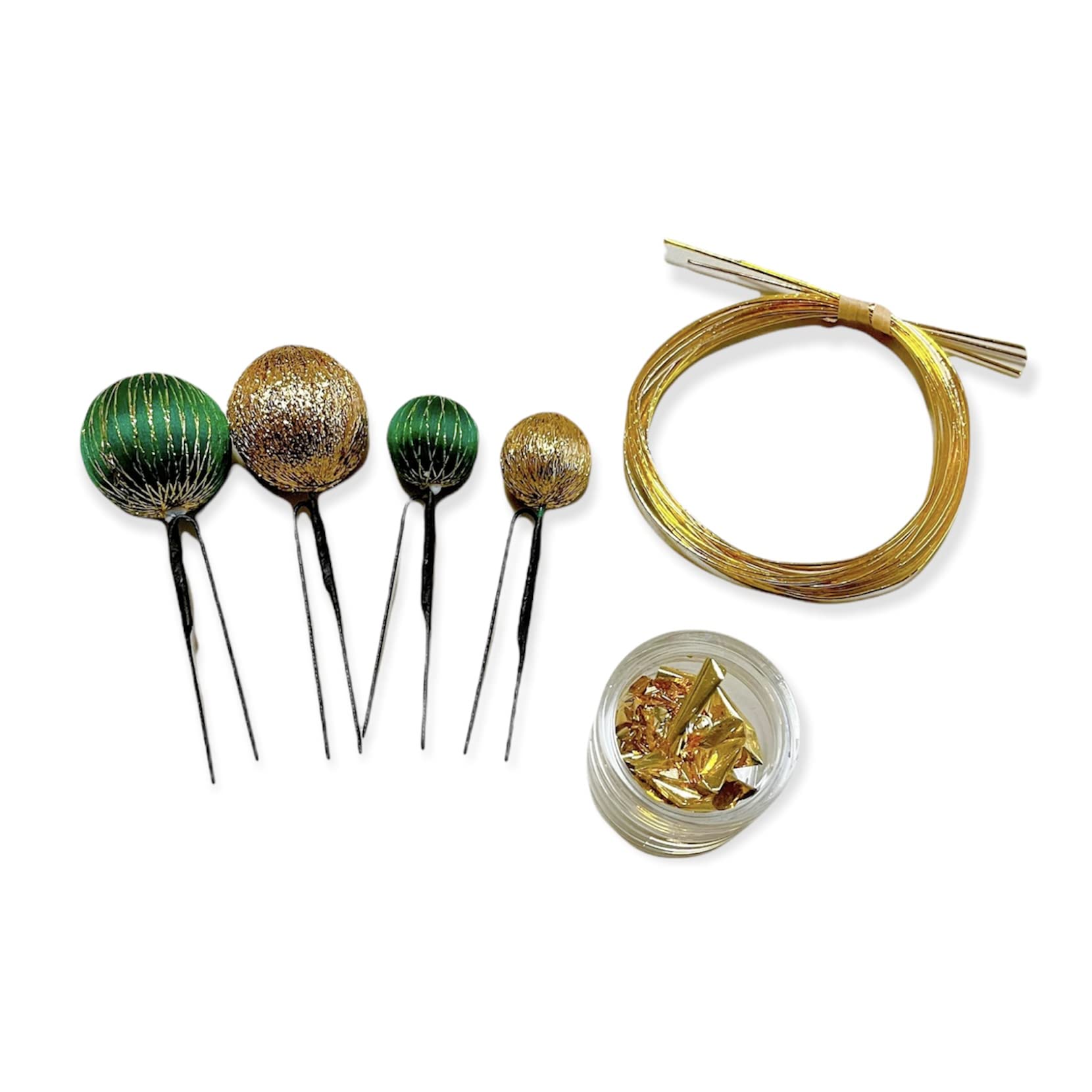 

Заколка для волос в японском стиле зеленая Тамаканзаши с золотой фольгой и Мизухики идеально подходит для украшения головы, золото, (шарик канзаши) строка, взросление зелёный