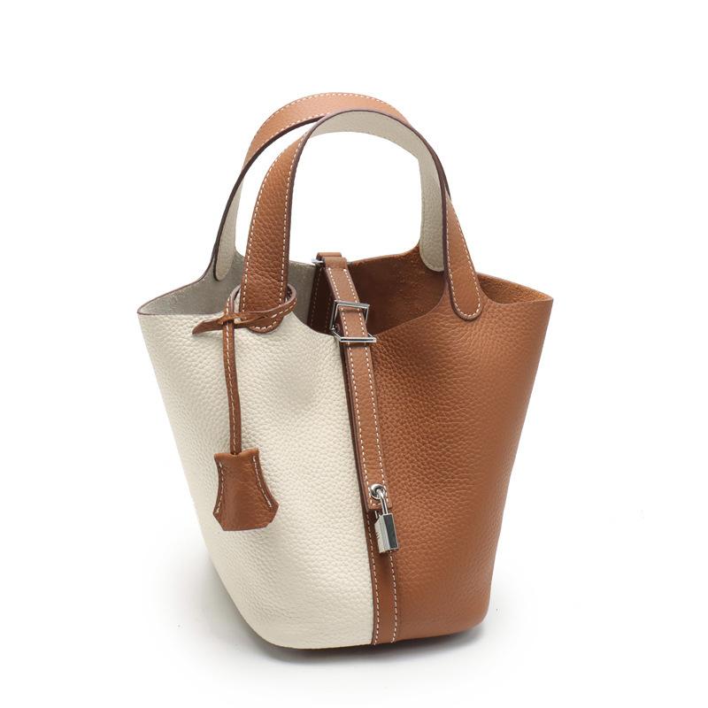 New leather first layer lychee pattern cowhide color matching vegetable basket women's bag fashion hand bag handbag bucket bag