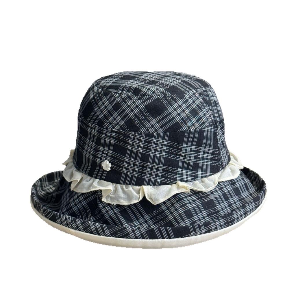 2026New Plaid Lace Wide-brimmed Fisherman Hat for Women, Summer Sun Protection Bucket Hat, High-end Feel, Suitable for Large Head Sizes, Versatile