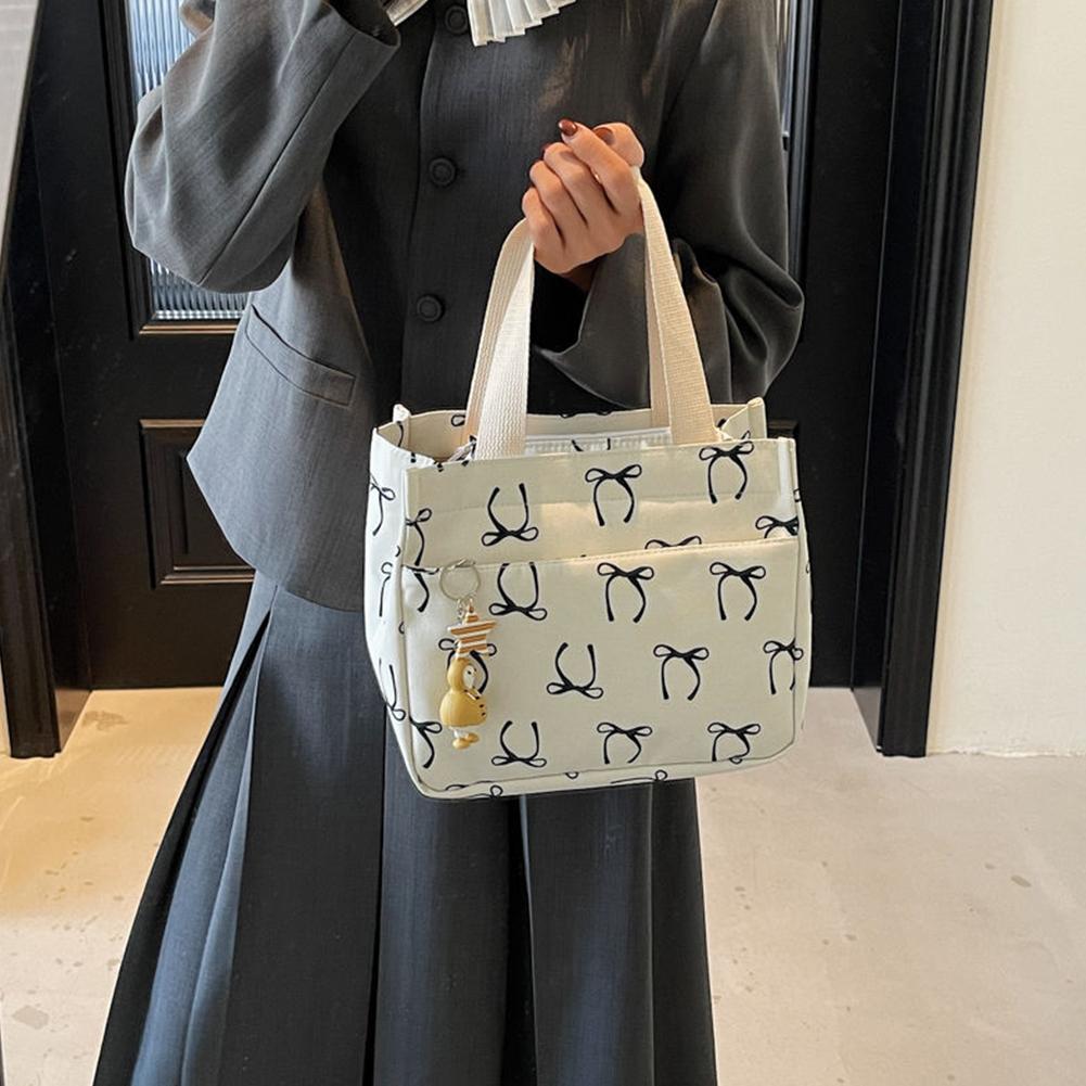 Insulated Canvas Lunch Bag Thermal Food Picnic Lunch Box with Handle Bow Print Tote Bag Functional Lightweight Hobo Bag