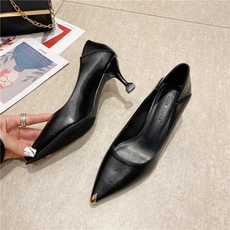 2025 New Single Shoes Women's Black Light Mouth High Heels Korean Version Pointed Thin Heels Professional Uniform Work Shoes 5A