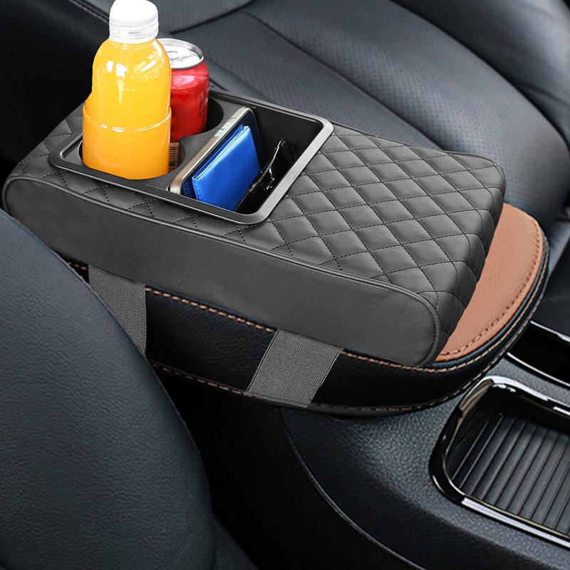 Arm Rest Cover for Car Waterproof PU Leather Armrest Box Mat with Cup Holder Armrest Box Pad Side Storage Pocket Accessories