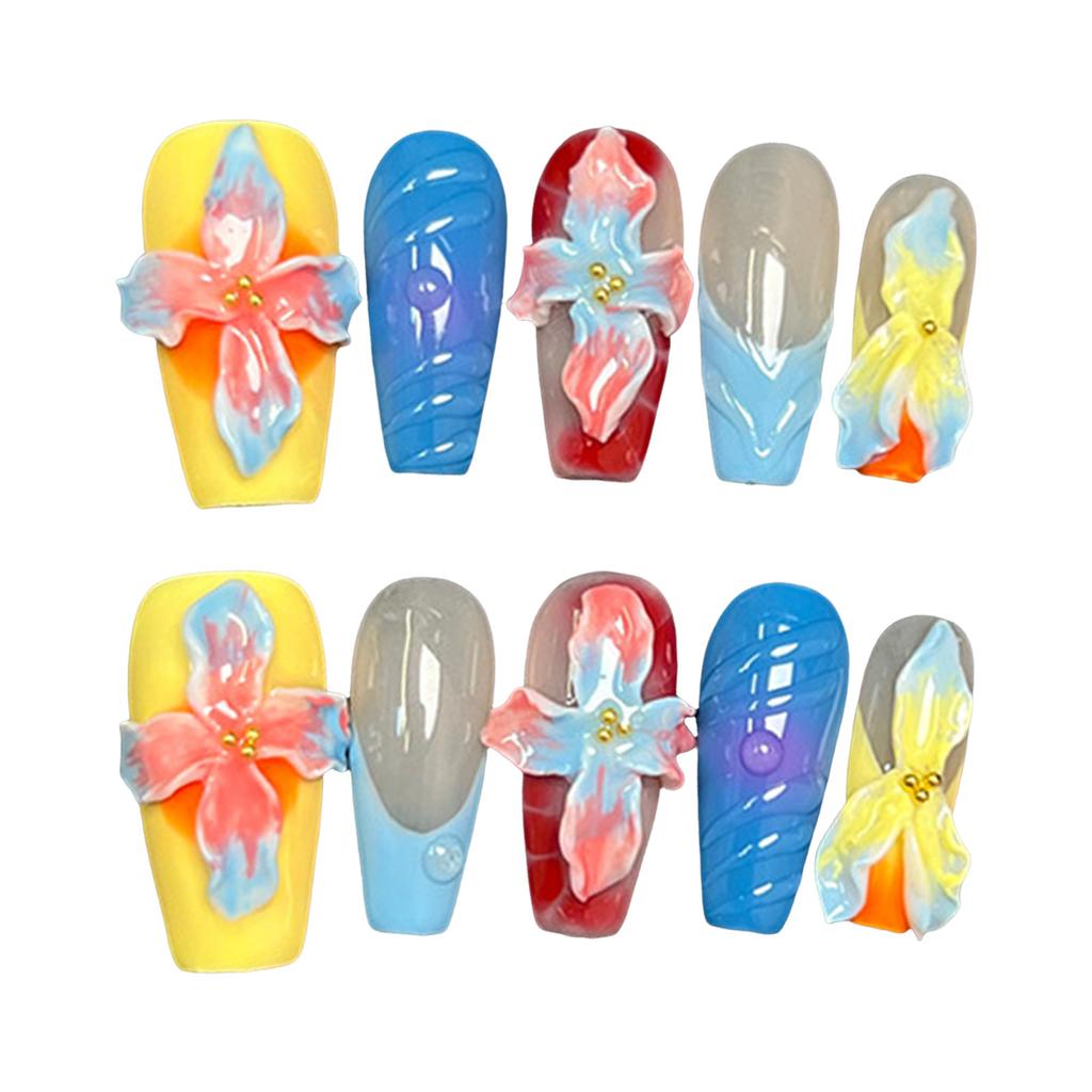 10PCS Colorful Fake Nails with Flower Decor with Zero Pressure On the Nail Bed Design for Working Dating or Partying