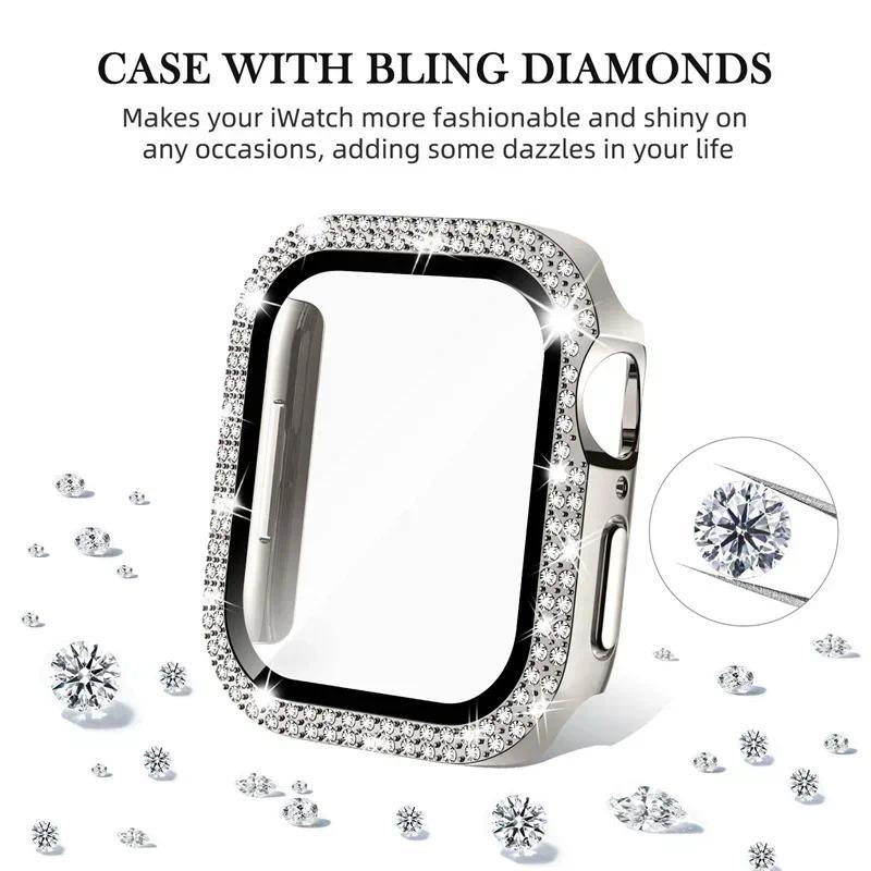 Bling Glass+Cover For Apple Watch Case 44 45mm 41mm 40 42mm 44mm Diamond bumper+Screen Protector for Series 11 10 9 8 7 5 6 SE