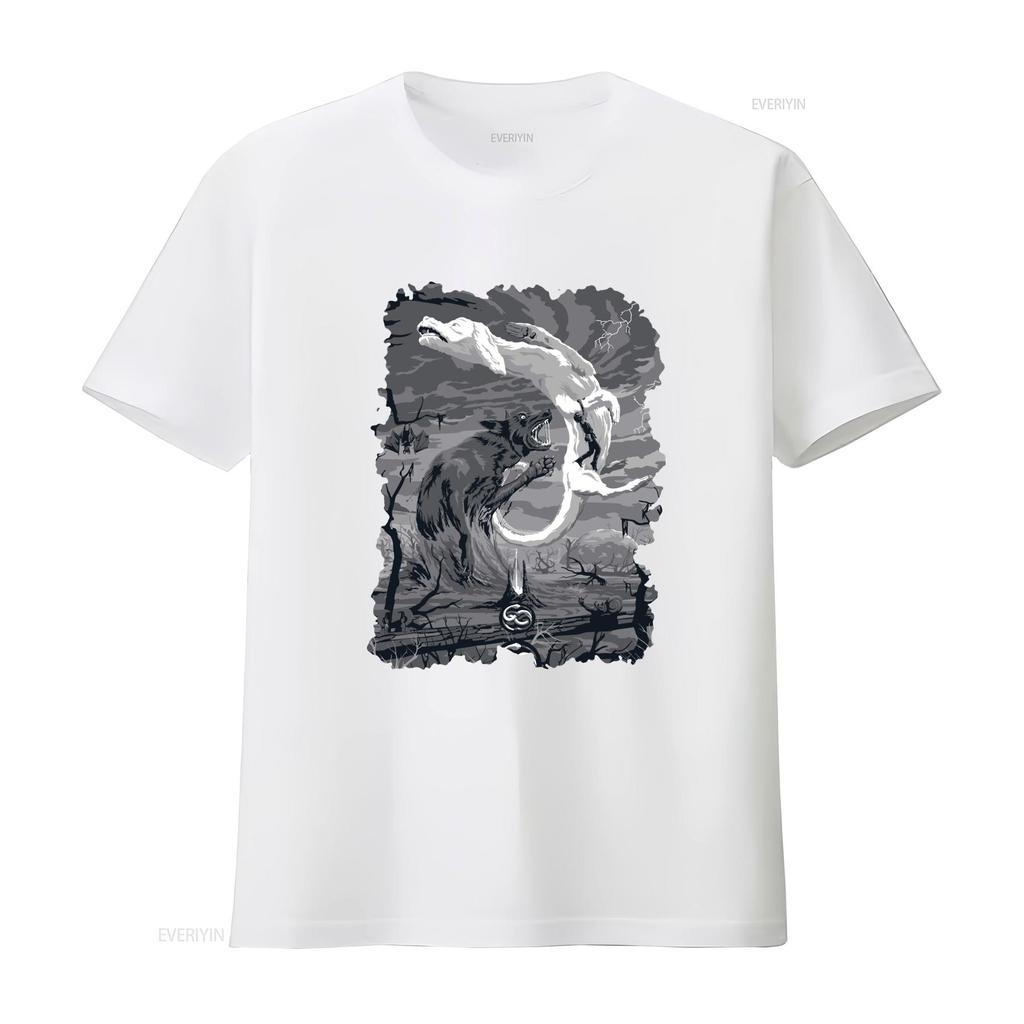 Gothic Dark Fantasy Black White Wolf Print Casual Streetwear T Shirt Vintage Washed Comfortable Top For Everyday Wear Fashion