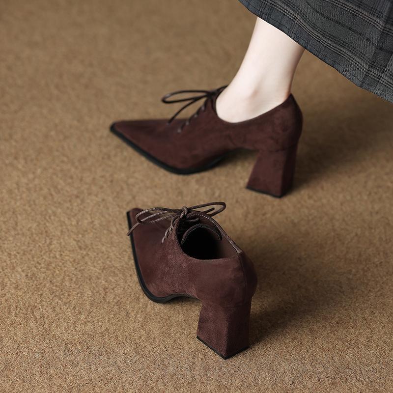 2025 New Retro Women High Heels Pointed Toe Shoes Ladies Lace-Up Work Dress Spikes Spring Office Block Shoes