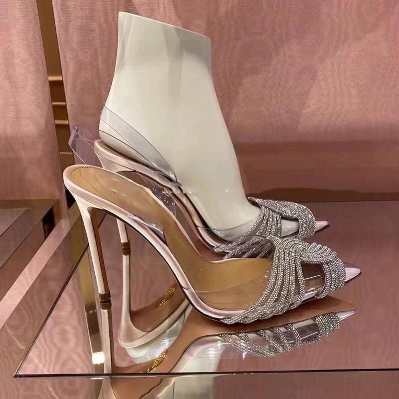 Peep-Toe Rhinestone Cross PVC High Heels - Transparent, Sweet Party/Wedding Shoes, Spring/Summer 2024
