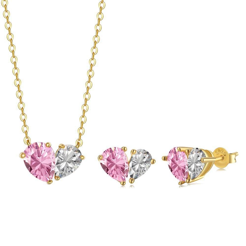 

Luxury Heart Zircon Necklace And Earring Set Pink White Crystal Pendant Clavicle Chain Fashionable Couple Jewelry For Women золотой
