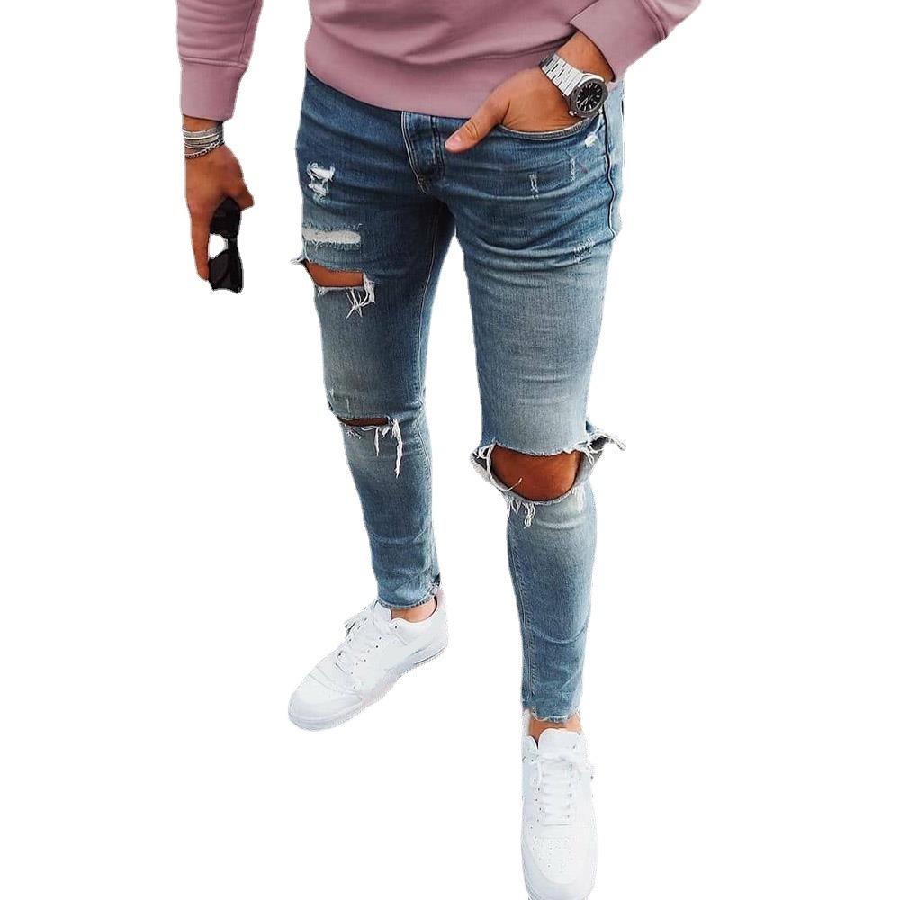 Men's Jeans Trendy Knee Breaks Zipper Calf Pants Torn Mens Denim Trousers