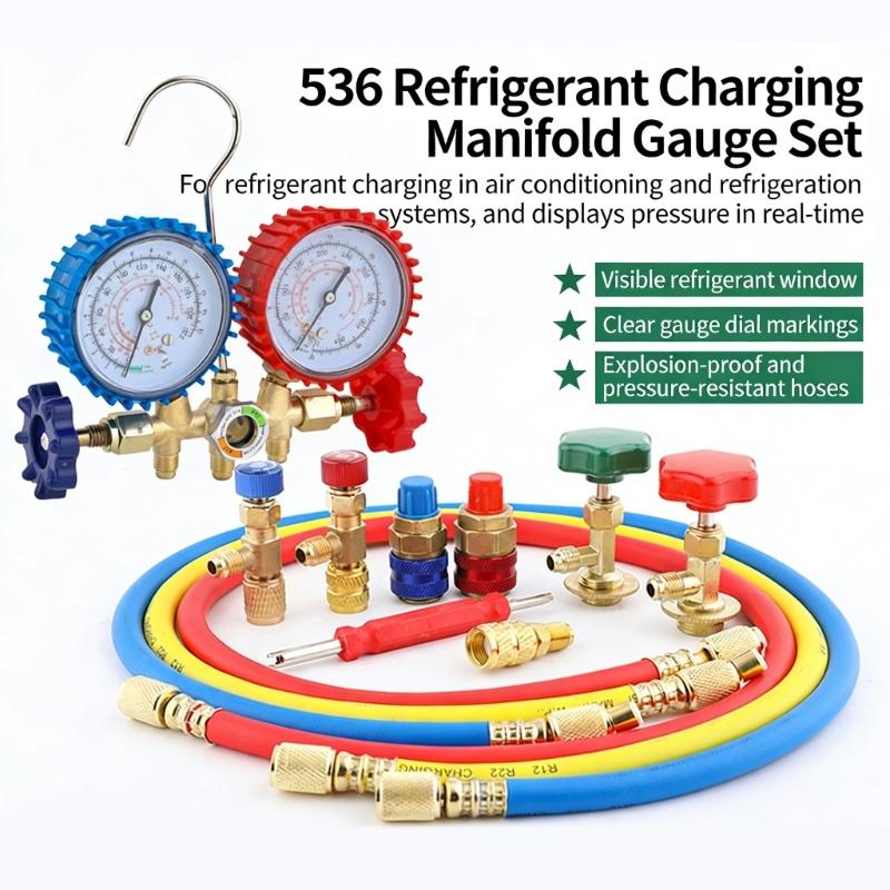 Professional AC Refrigerants Manifold Gauge For Precise Pressure Measurement In HVAC Systems Diagnostic Tool With Hose