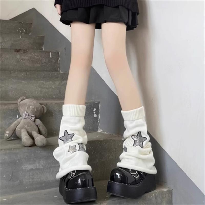 Pierneras Lolita para Niñas Y2K Estrella Tejidas Mangas de Pierna Acampanadas Puño Holgado Gótico Calcetines Tobillo Montón Cubre Pies Uniforme JK