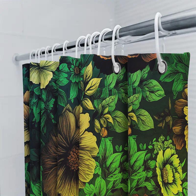 Green Leaves Yellow Flowers Shower Curtain Waterproof Fabric Bathroom Decorative Backdrop For Home Decoration Multicolor Floral