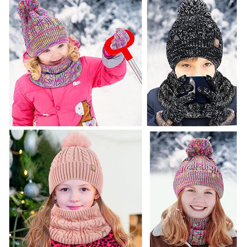 Winter middle-aged and older children's hairball hat, scarf, gloves, three-piece set, plush warm knitted children's gloves