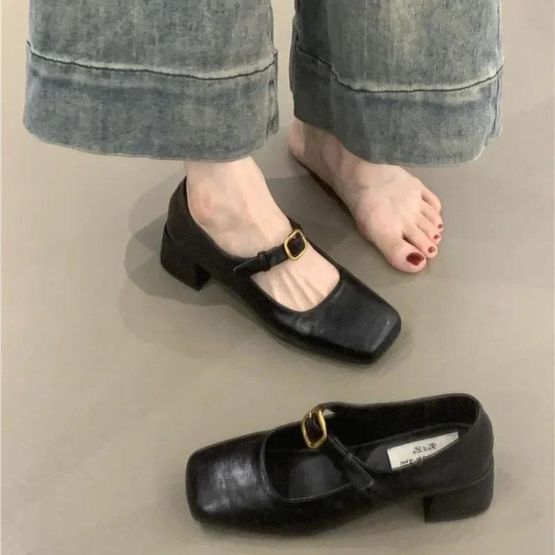 Design Pantofi Unici de Primăvară Toamnă cu Vârf Pătrat, Pantofi cu Toc Gros Stil Stradal pentru Femei, Pantofi Vintage Mary Jane pentru Doamne