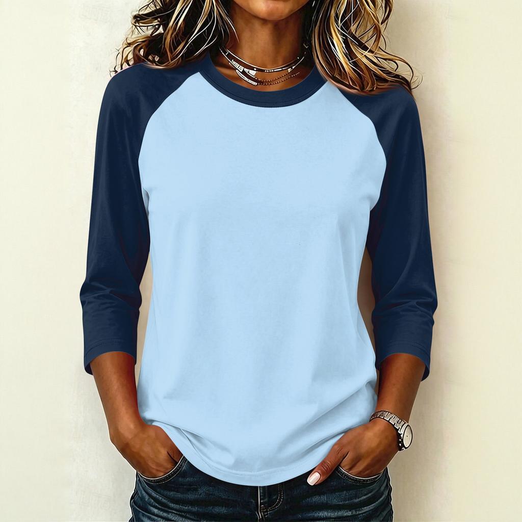 Women's Casual Color Block Pullover T-Shirt, Raglan 3/4 Sleeve, Round Neck, Lightweight Top for Summer, Spring, and Fall