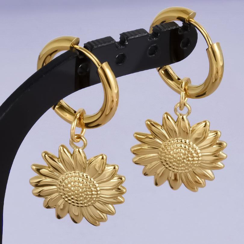 Real Gold Plated Fashion Kpop Piercing Jewelry Girl Bowknot Flower Heart Pendant Earring Stainless Steel Hoop Earrings For Women