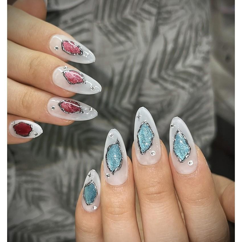 HANDMADE Artificial Nail Almond Blue Rose Eyes of the Earth Cat's Eye Phototherapy Nails Fake Nails Reusable and Removable Nails