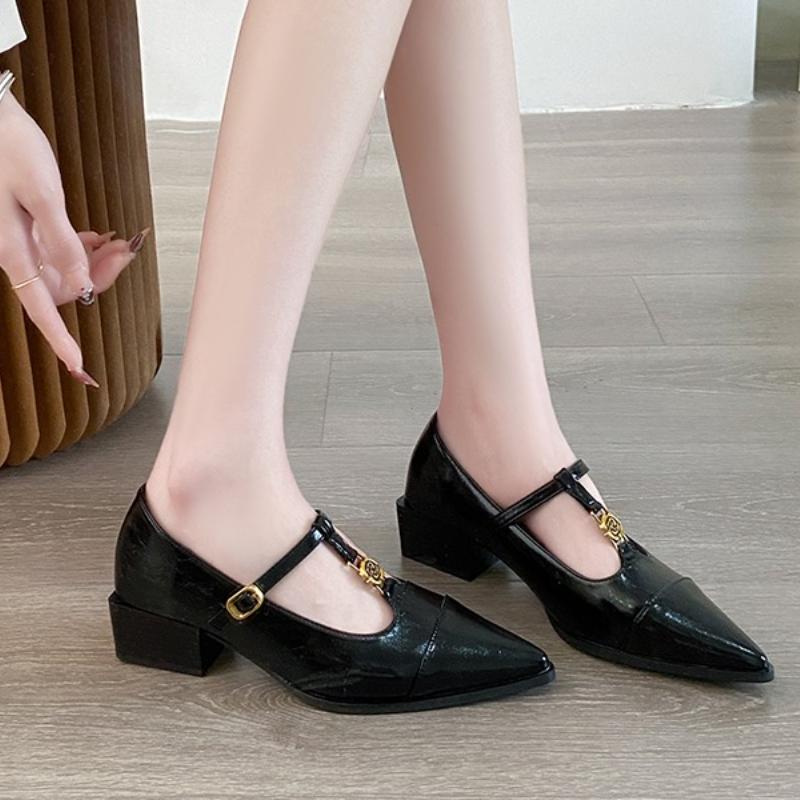 

Мода 2025 Ретро Стиль Толстый Каблук Женские Туфли Мэри Джейн Мода Мелкий Заостренный Носок Женские Комфортные Офисные Туфли Обувь Сандалии 35 коричневый