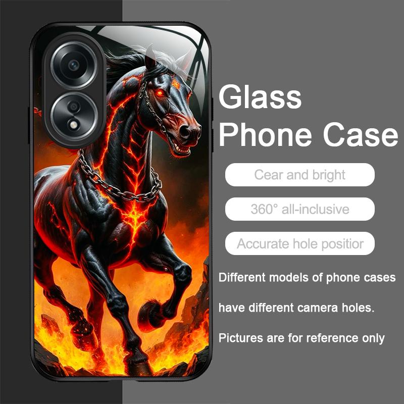 Creative Flame Black Horse Pattern Tempered Glass Phone Case for OPPO Realme 14 13 Pro Plus 12 11 10 Neo 3 X7 PRO C75 C55 Cover