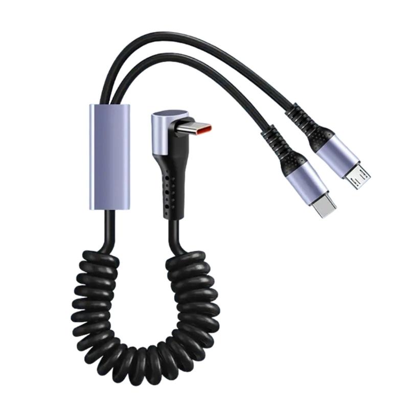Double Retractables Spring Charging Cable MicroUSB & Type C Cable for MicroUSB and Type C Devices, 66W Fast Charging