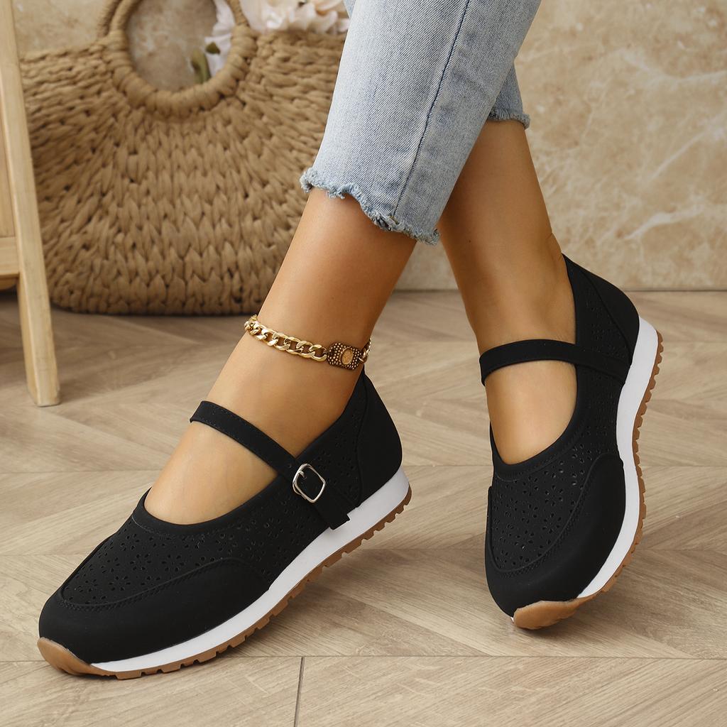 Summer Fashion Casual Single Shoes for Women 2025 New Hollow Solid Color Buckle Mesh Breathable Round Toe Work Shoes