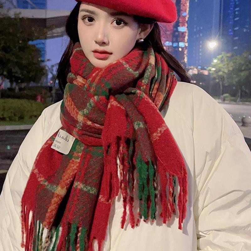 Autumn And Winter  Plaid Scarf For Women Korean Style Versatile Shawl Warm Christmas Wool Neck Scarf