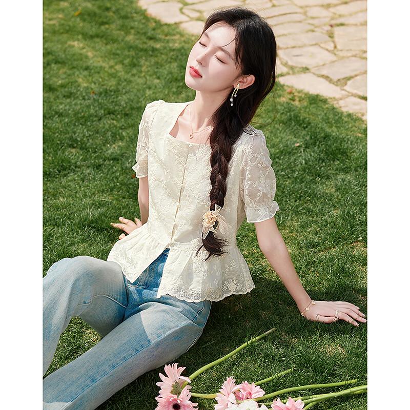 Sisui Nianhua Summer Square Collar Puff Sleeve A-Line Dress L