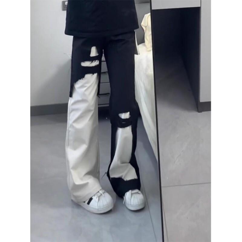 Womens Fleece-Lined High-Waist Straight Leg Jeans With Black-White Patchwork Winter Wide-Leg Trousers Small