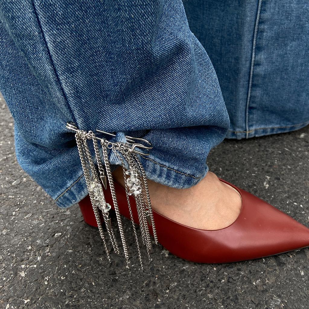 Metal Chain Fringed Pin Brooch, Design Gravel Rivet Pants Anklet Chain Shortened Decoration