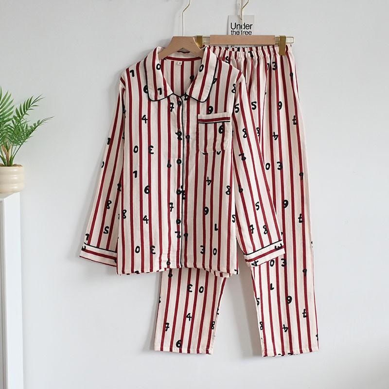 100% Cotton Gauze Pajamas Set Women Thin Breathable Long Sleeve Pants Loungewear