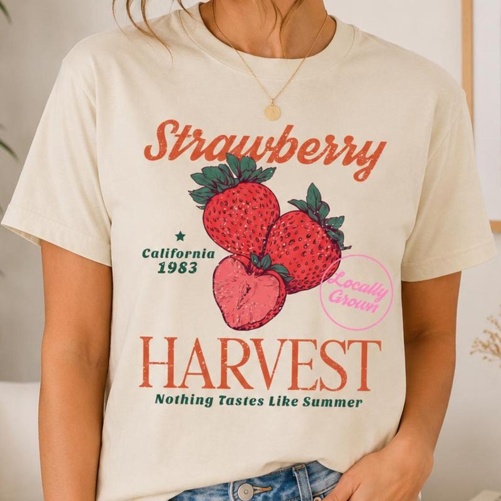 Strawberry Harvest T-Shirt and kids tshirt, Retro Strawberry Graphic Tee, Cute Fruit Shirt and kids tshirt, Summer Farmers Market Tee, Cottagecore Tee