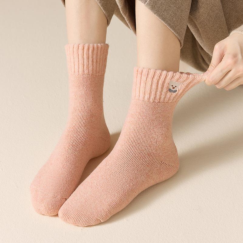 Embroidered Bear Socks Medium Tube Socks Season Warm Wool Socks Piled And Thickened Terry Cute Cartoon Stockings