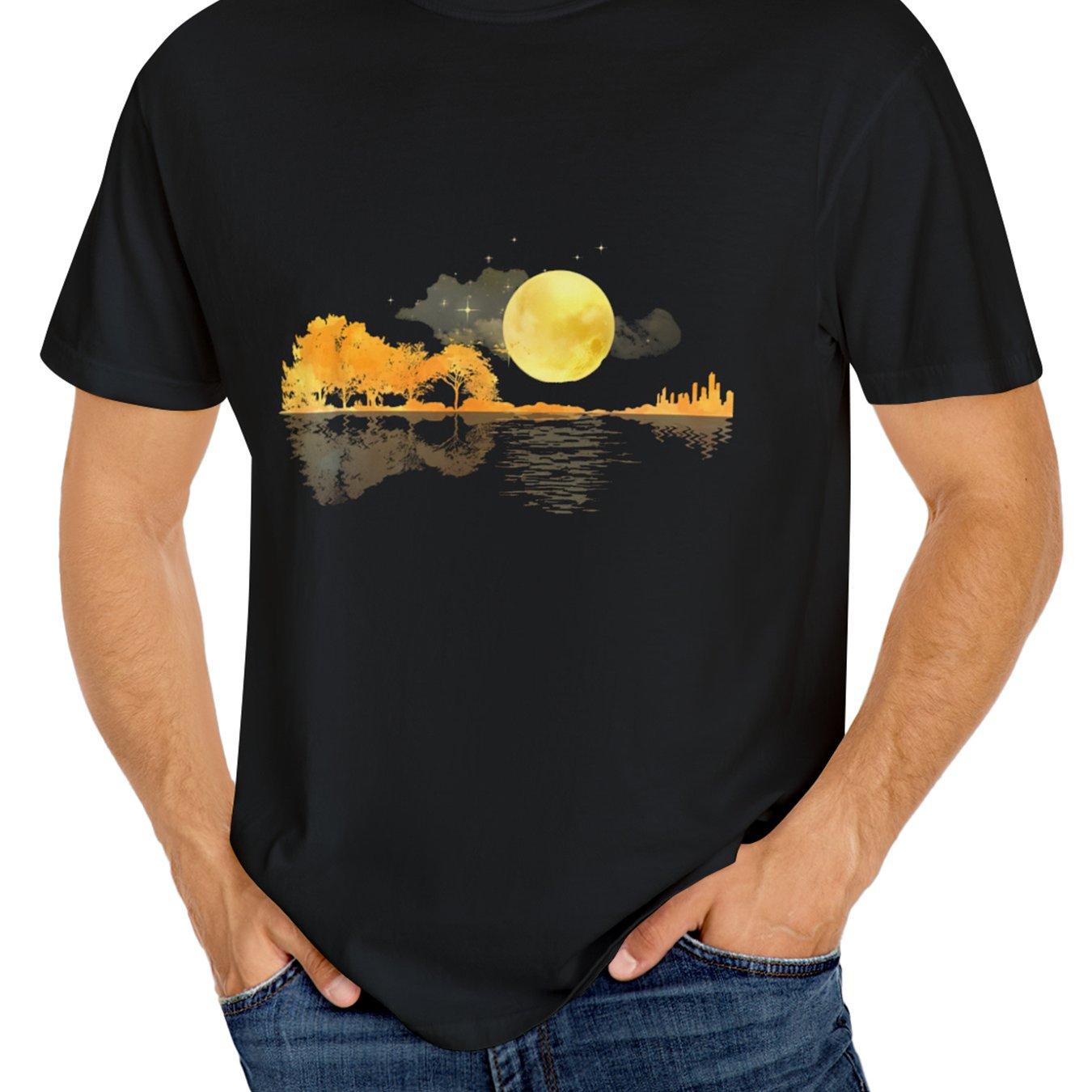 Moon Guitar Landscape Print Mens Cotton Graphic Tee Casual Round Neck TShirt S