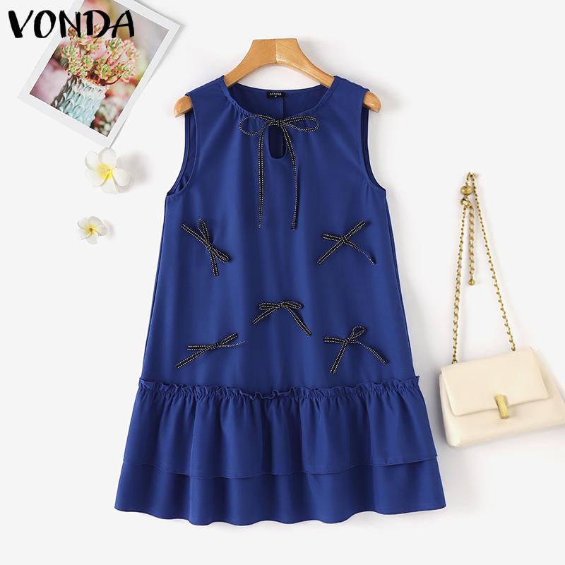 VONDA Summer Women Sleeveless Ruffled Bow Knot Casual Pleated Dress