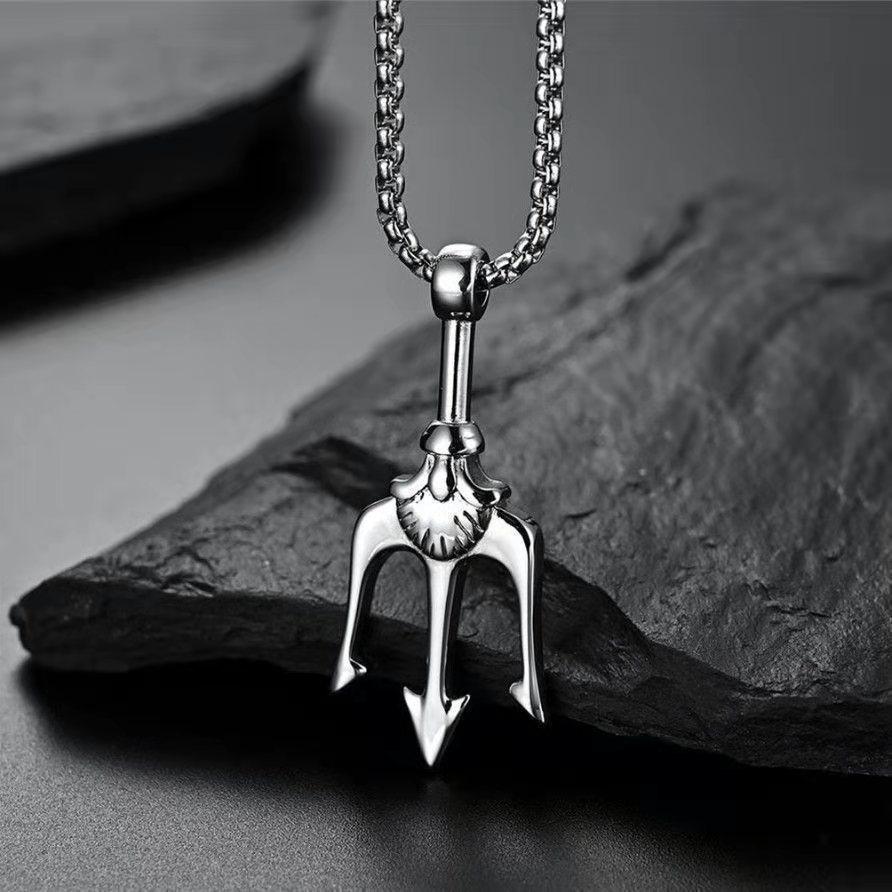 European and American Trident Men s Trendy Cool Handsome High-end Domineering Neptune Necklace Pendant 60CM(Necklace Long)