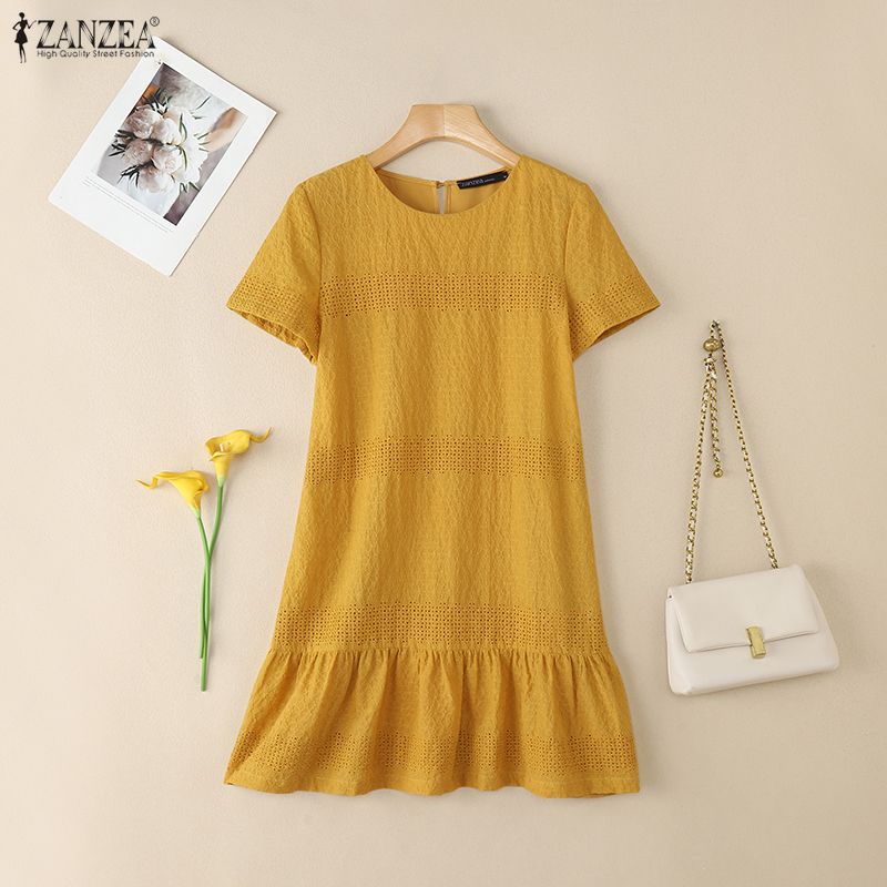 ZANZEA Women Patchwork Casual Round Neck Summer Short Sleeve Dress