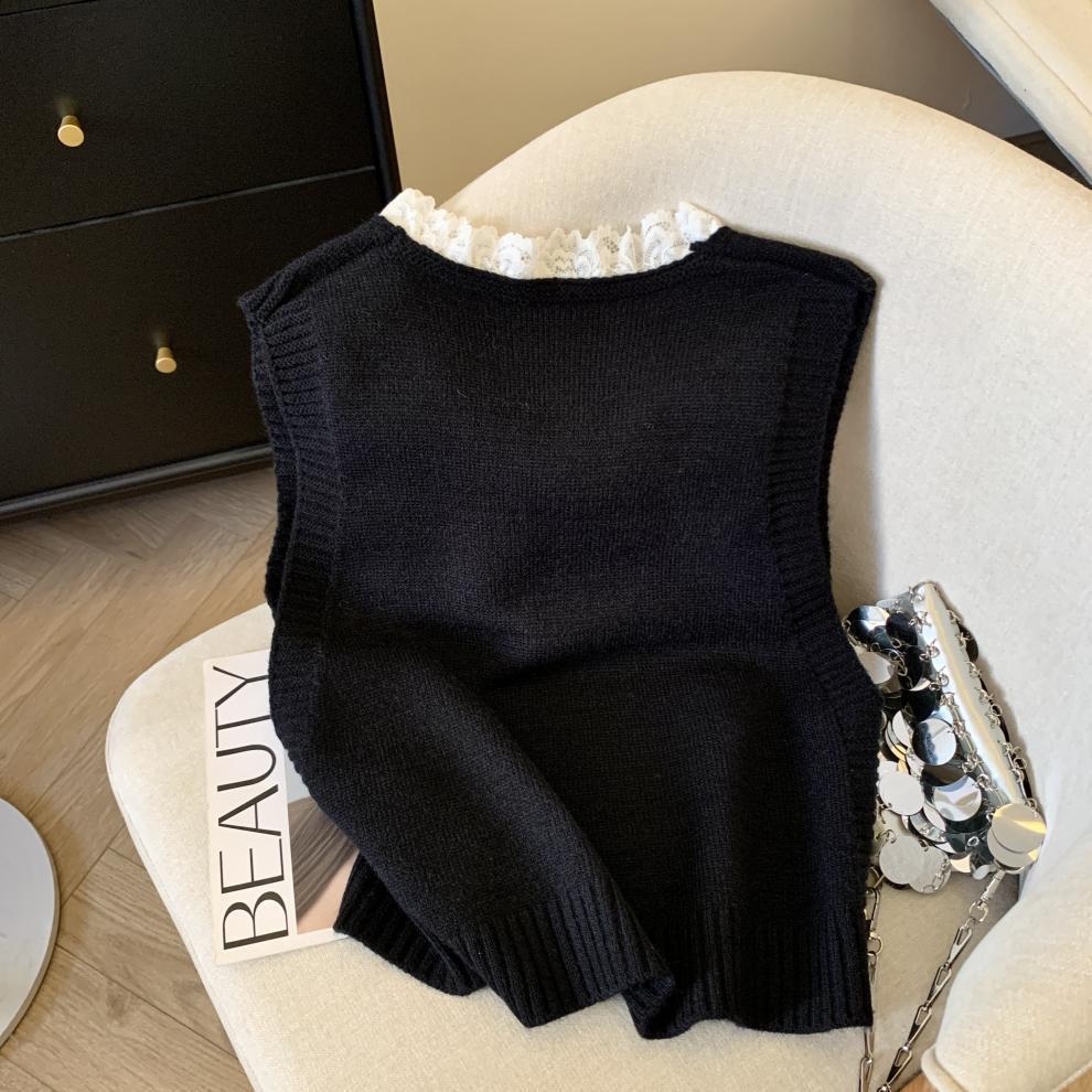 Women's Korean Style Slimming French Lace Bow Knit Pullover Vest - Spring 2026 Top