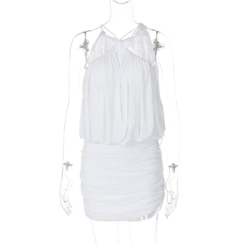 

Shemoda Summer Niche Style Draping V-neck Hollow Rhinestone Strap Dress Women s Fake Two-Piece Lined Hip Skirt White S