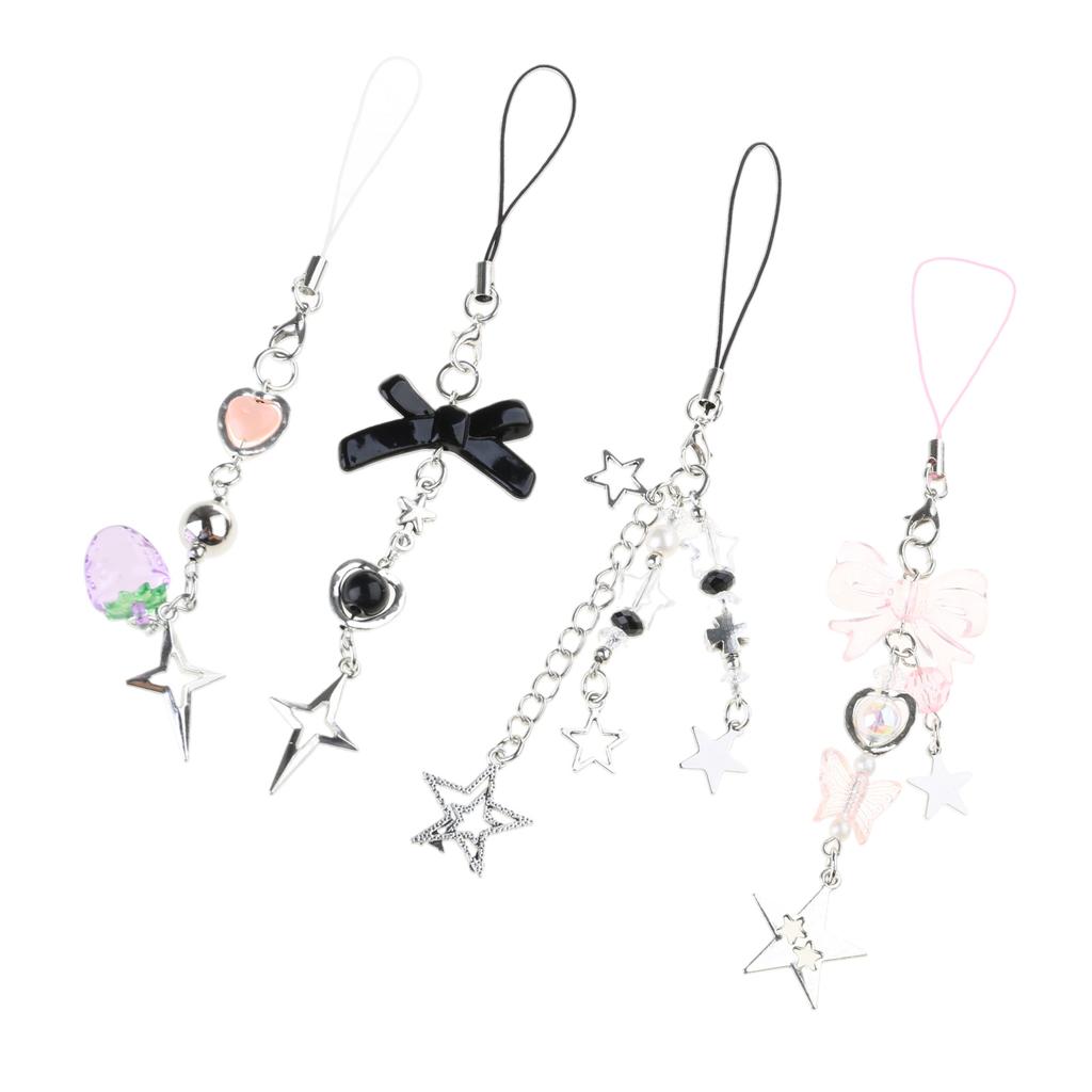 4Pcs Bowknot Star Pendant Phone Charm Hangings Rope Sweet Phone Chain Strap Bag Decoration Lanyard Keychain Accessory