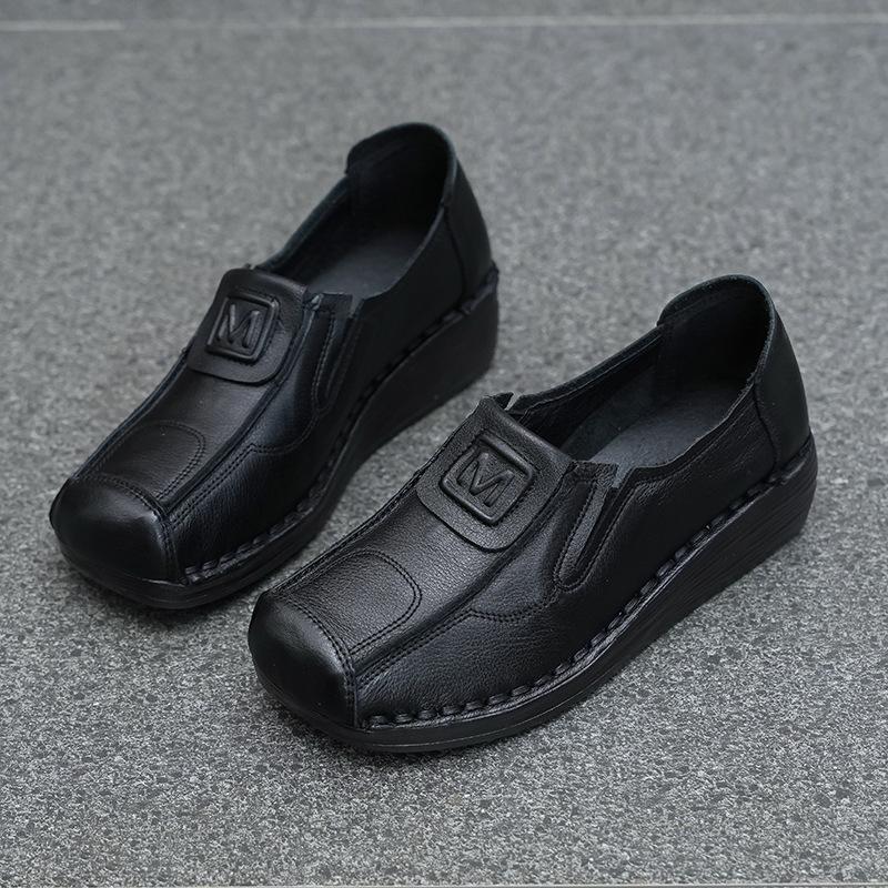 

Mom shoes retro women s shoes comfortable wedge heel soft-soled leather shoes spring new cowhide soft-soled single shoes women 35 чёрный