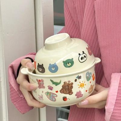 Lovely Bear Ceramic Instant Noodles Bowl  High Beauty Retro Cream Large Capacity Bowl with Lid Student Dormitory 650ml