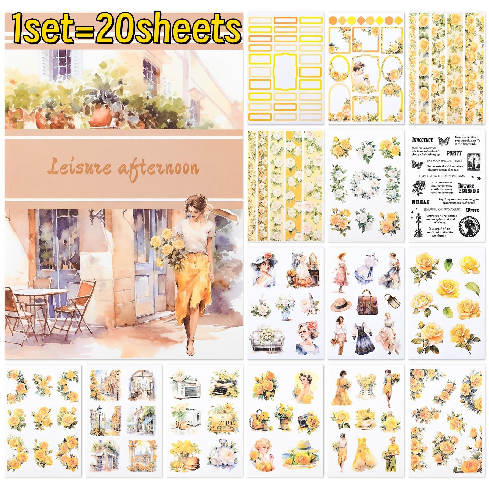 

20 Sheets Scrapbook Stickers Book Journaling Stickers for Scrapbooking Supplies PET Aesthetic Vintage Stickers for Scrapbooking